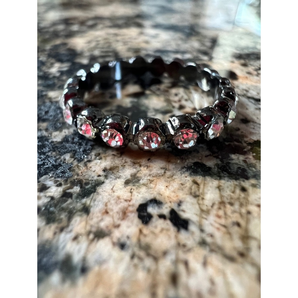 Gunmetal Tone Clear Crystal Eternity Band Ring Scalloped Setting Stackable